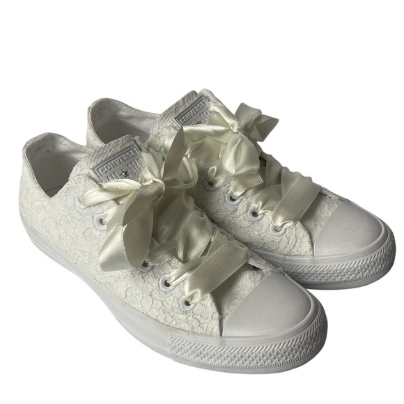 Converse Shoes - Converse‎ Women's Bridal Wedding Cream Lace Ribbon White Sneakers 8.5